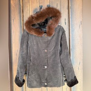 DAMSELLE NY women brown leather coat fleece lined furtrimhood